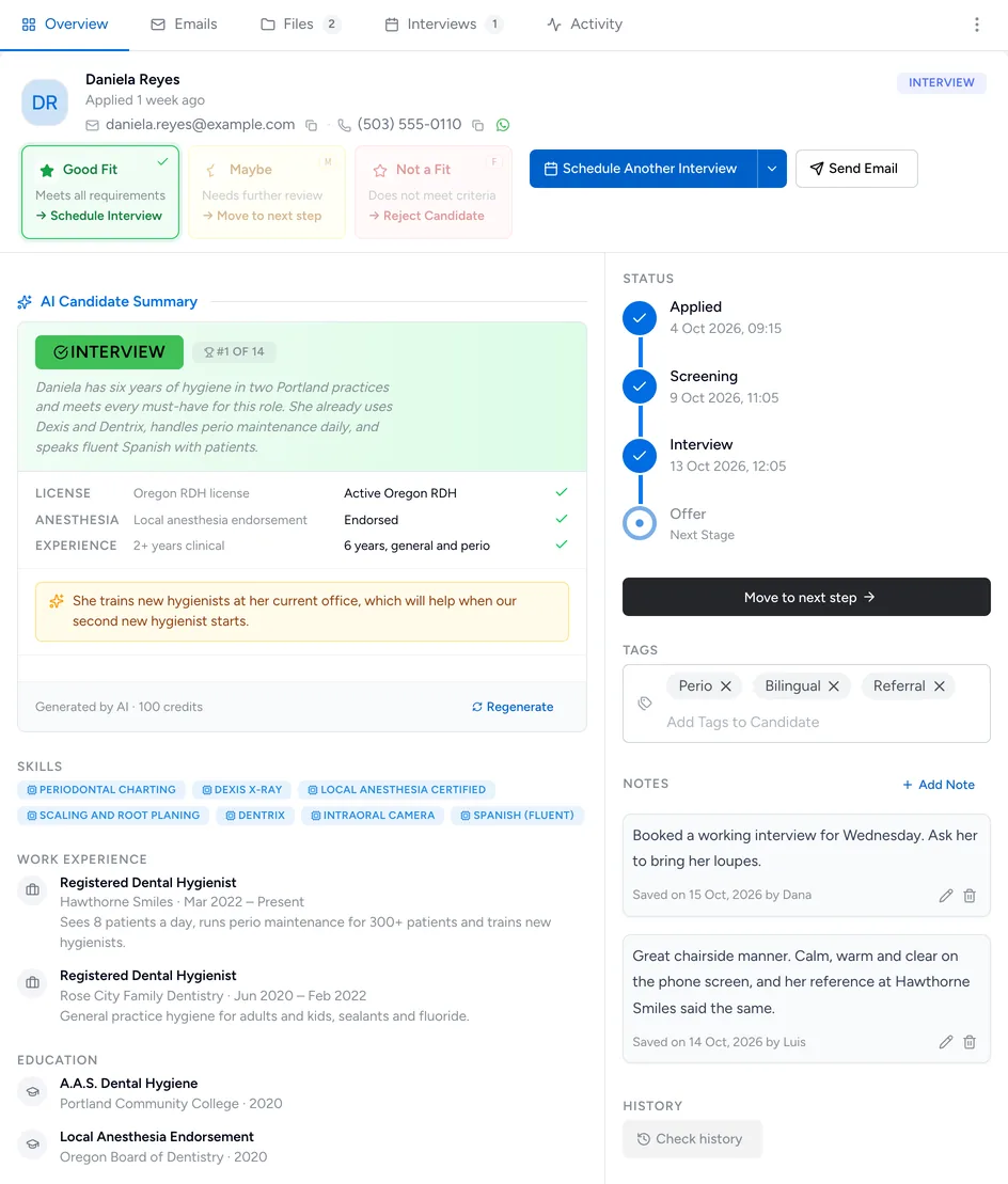 An applicant profile with an AI summary, skills and work history read from the resume, and notes from two team members
