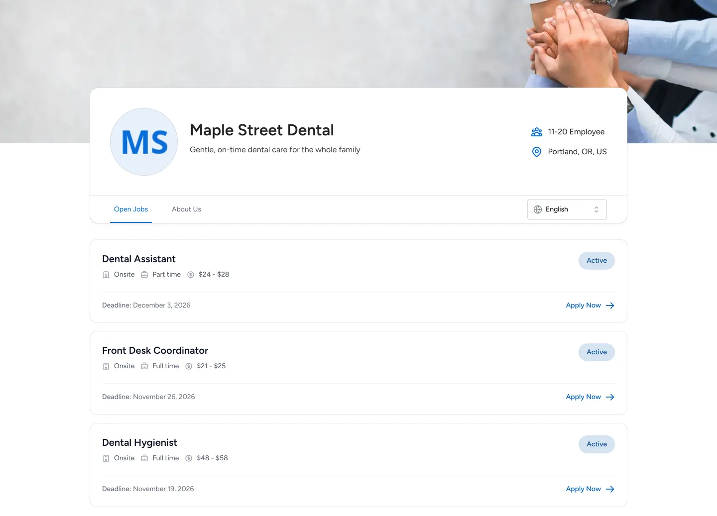 The Maple Street Dental career page listing three open jobs