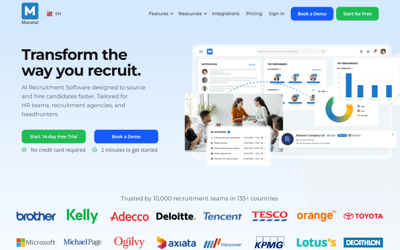 This is a screenshot that shows two girls shaking hands in the homepage of Manatal as one of the Zoho Recruit alternatives
