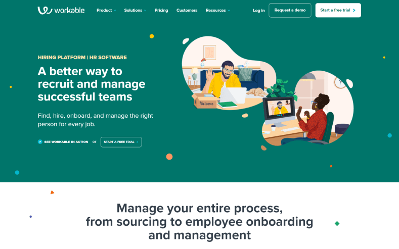This is a screenshot that shows the homage of Workable where two people smiling at laptop awhile searching for zoho recruit alternatives