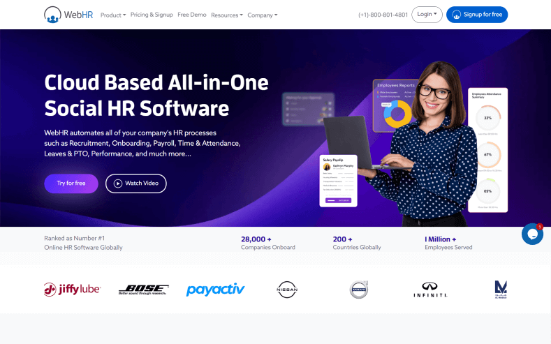 This is a screenshot that shows a girl standing with her laptop and searching for Zoho Recruit alternatives