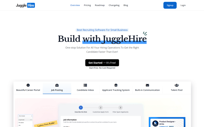 This is a screenshot that shows the landing page of jugglehire as one of the Zoho Recruit alternatives