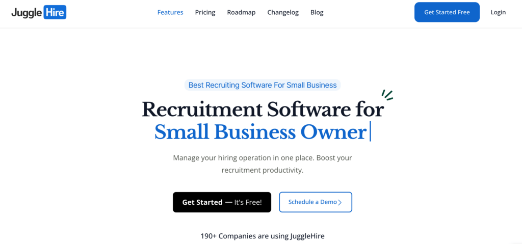 This is the homepage of the JuggleHire recruitment software website