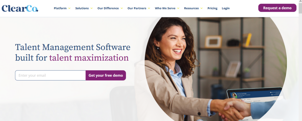 the homepage of Clearcompany where a woman is smiling as one of the JazzHR alternatives